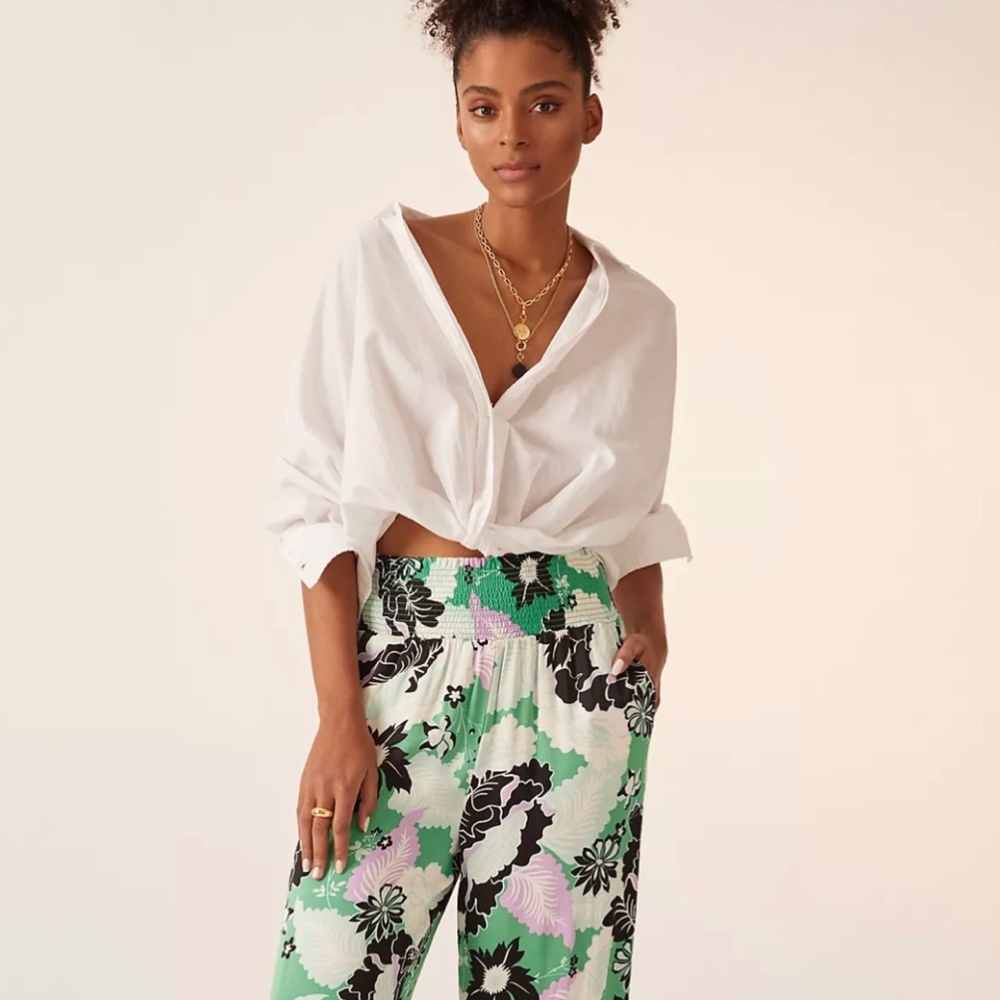 Anthropologie Maeve Green, Black & White Wide-Leg Floral Pants
